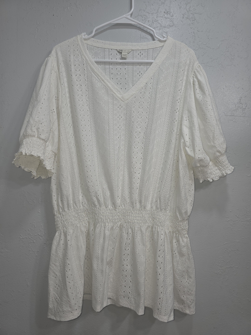 Women's White Eyelet V-Neck Peplum Blouse